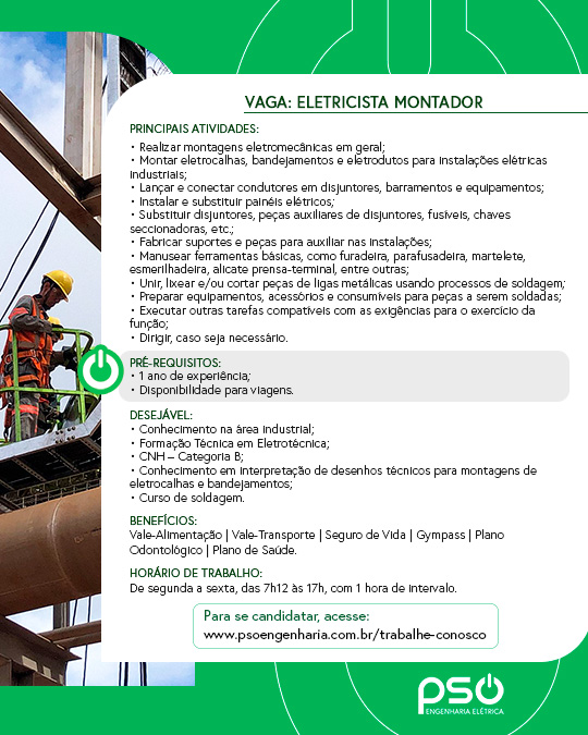 vaga de emprego eletricista montador ipatinga mg