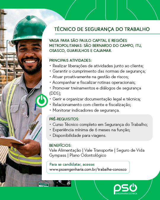 VAGA TECNICO DE SEGURANÇA SAO PAULO PSO